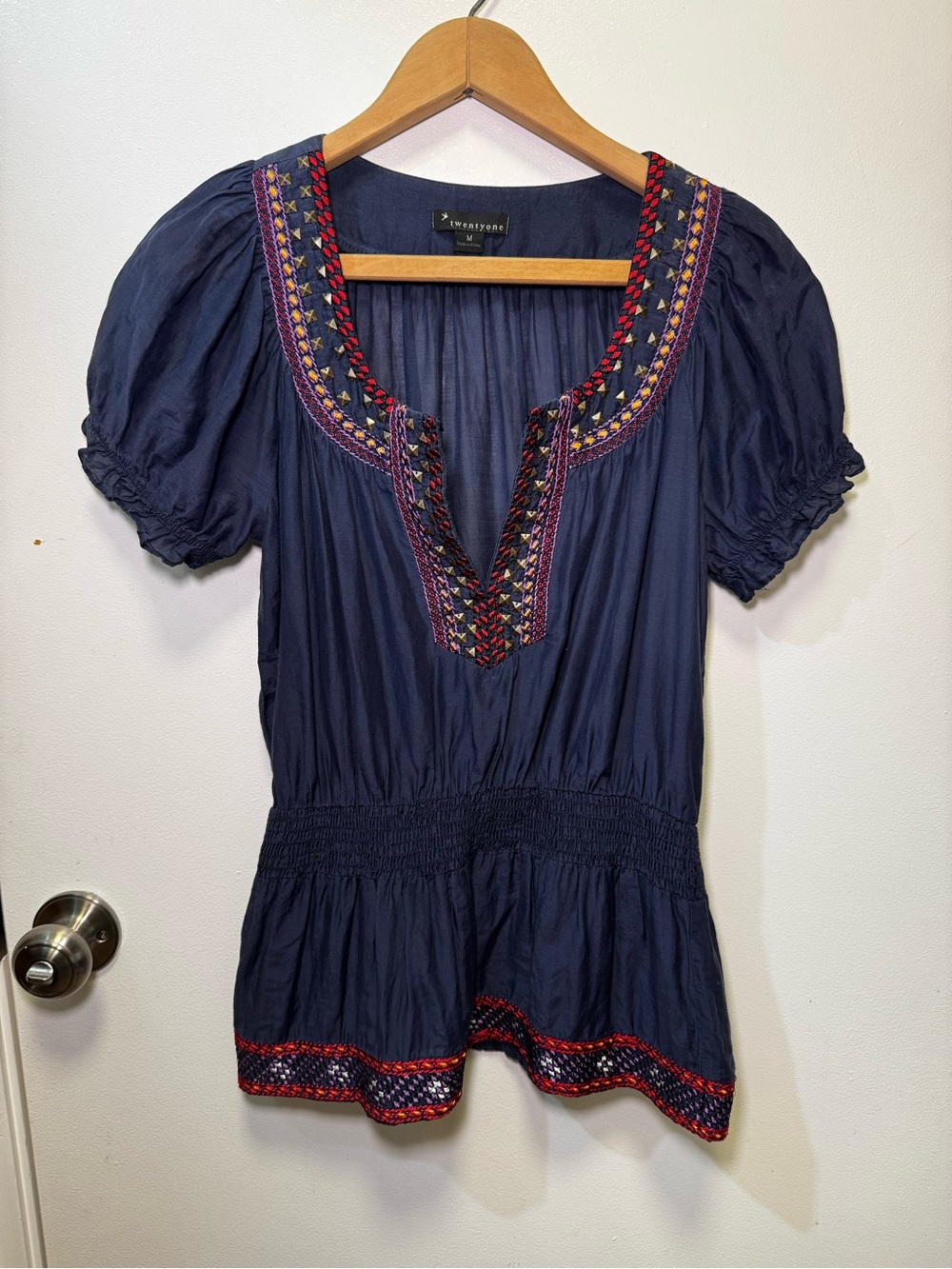 Forever 21 Navy Embroidered Peplum Tunic with Red & Yellow Accents